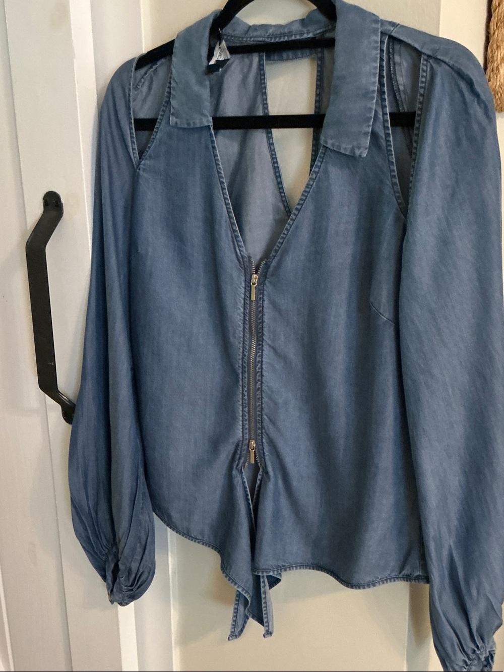 bebe Washed Blue Zip-Front Button Down Shirt